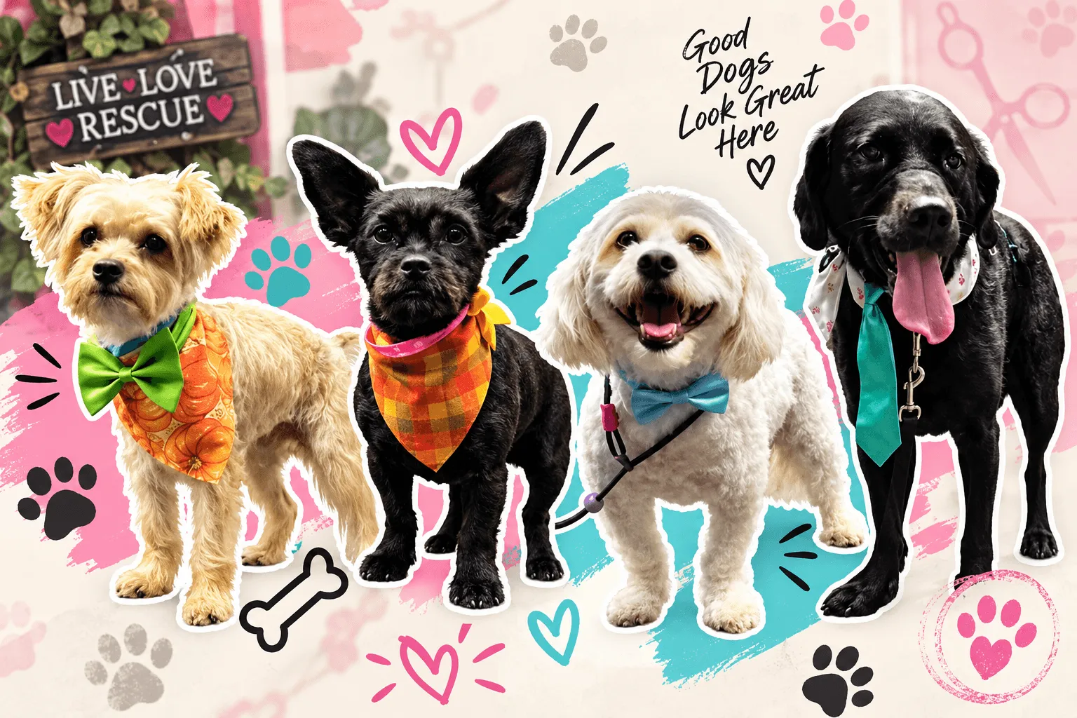 Four happy, freshly groomed dogs in colorful bandanas and bow ties — good dogs look great here